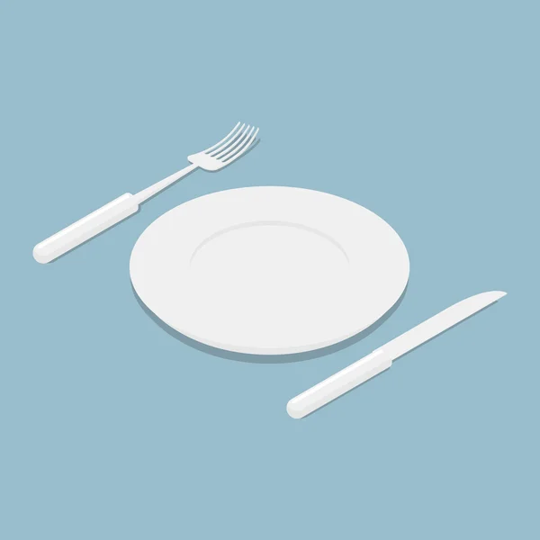 Cutlery isometrics. 3d Empty plate. Knife and fork. Kitchen ute — Stockvektor